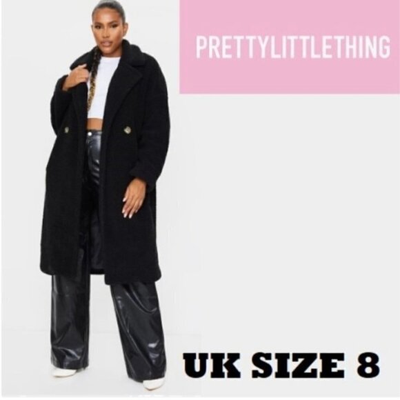 🩷 Prettylittlething, Women’s Black Borg Lapel Drop Arm Midi Coat. Size:4(US).NWT - Picture 11 of 12